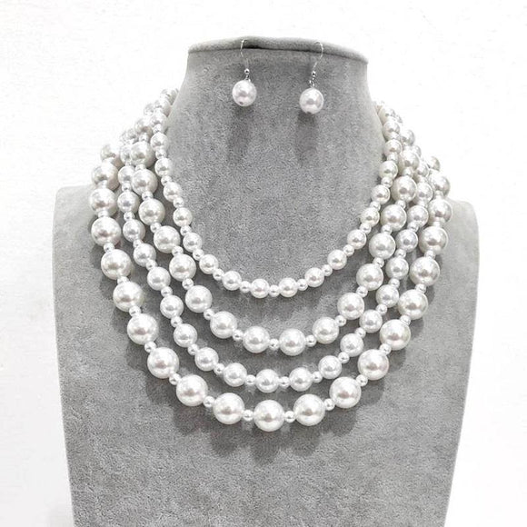 SILVER WHITE PEARL NECKLACE SET ( 10180 RWH ) - Ohmyjewelry.com