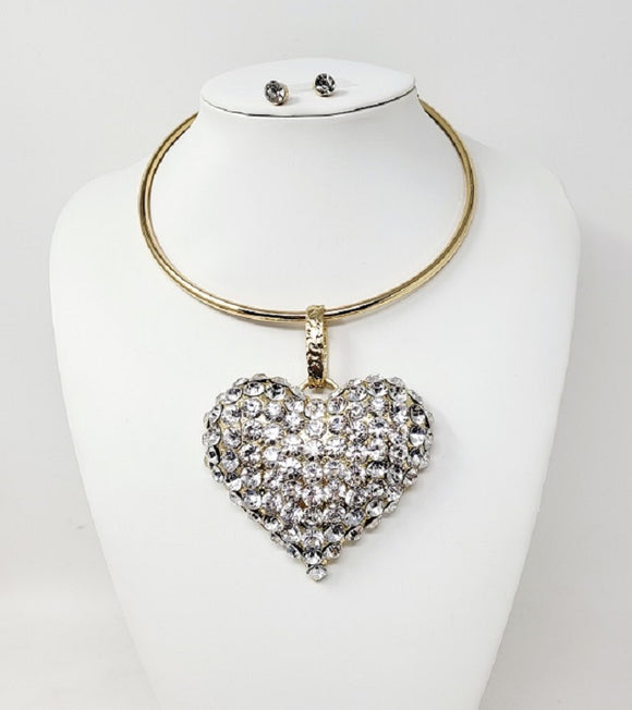 GOLD CHOKER NECKLACE SET HEART CLEAR STONES ( GCL )