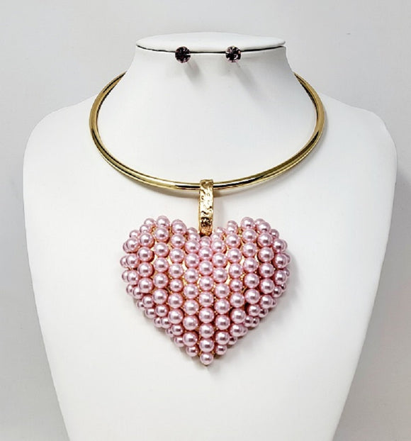 GOLD CHOKER NECKLACE SET HEART PINK PEARLS ( 10206 GPKP )