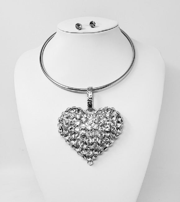 SILVER CHOKER NECKLACE SET HEART CLEAR STONES ( 10206 SCL )