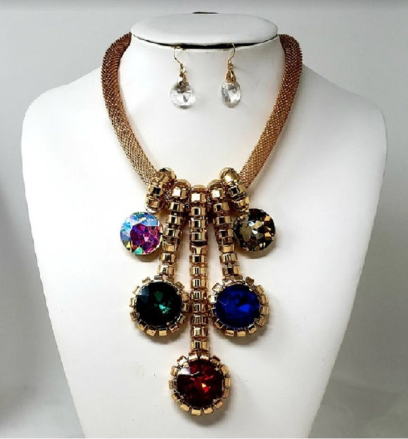 GOLD Necklace with MULTI COLOR Rhinestones and Matching Earrings ( 10209 GMT )
