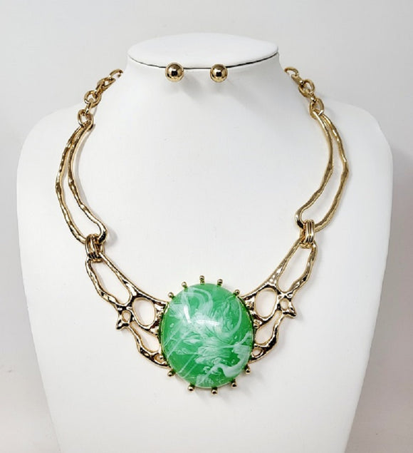 GOLD NECKLACE SET GREEN STONE ( 10422 GLM )