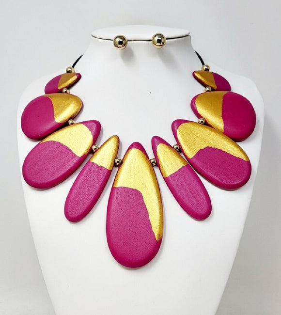 BLACK CHORD NECKLACE SET FUCHSIA GOLD ( 10445 GFU )