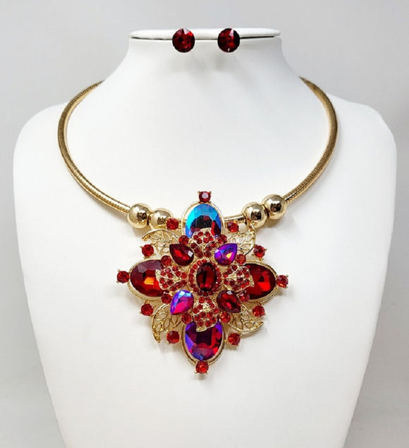 GOLD CHOKER NECKLACE SET RED STONES ( 20033 GRD )
