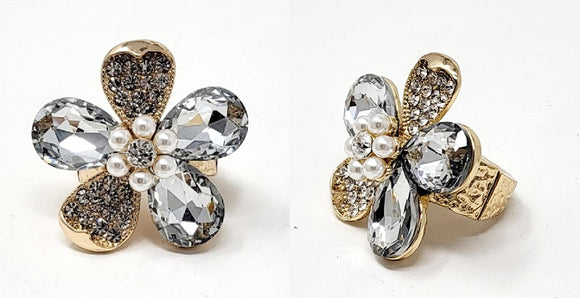 GOLD FLOWER RING CLEAR STONES ( 10013 GCL )