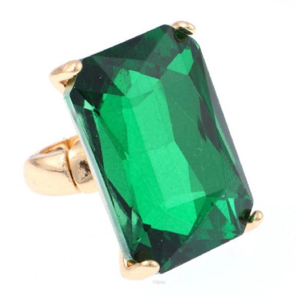 Gold Stretch Ring with Large Green Rectangle Stone ( 7004 GR ) - Ohmyjewelry.com