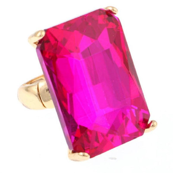 Gold Stretch Ring with Large Fuchsia Pink Rectangle Stone ( 7004 ) - Ohmyjewelry.com