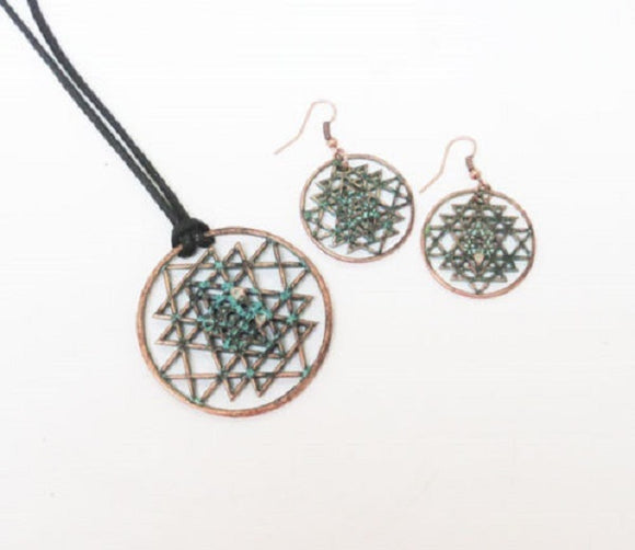 Black Chord Necklace with Round Patina Pendant and Matching Dangling Earrings ( 14560 )