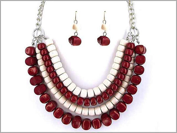 Burgundy Red and White 4 Layer Beaded Necklace with Matching Earrings