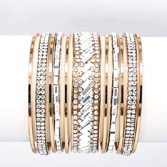 Set of 11 Gold Bangles with Clear Stones ( 8009 GDCLR ) - Ohmyjewelry.com