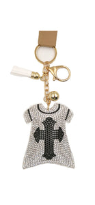 GOLD WHITE KEYCHAIN T SHIRT CROSS BLACK CLEAR STONES ( 0085 CL )