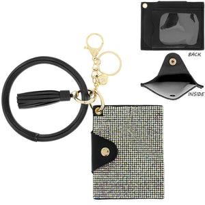 BLACK ID CARD HOLDER POCKET WALLET WRISTLET KEYCHAIN AB STONES ( 11443 AB )