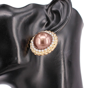 GOLD BROWN PEARL STUD EARRINGS CLEAR STONES ( 3411 GDBRW )