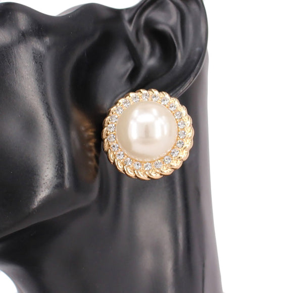 GOLD CREAM PEARL STUD EARRINGS CLEAR STONES ( 3411 GDCRM )