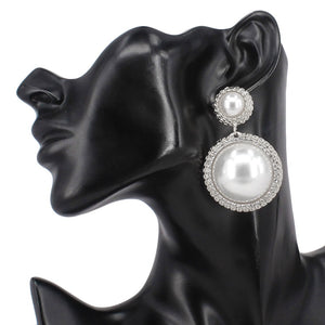 SILVER DANGLING EARRINGS WHITE PEARLS CLEAR STONES ( 7274 RDWHT )