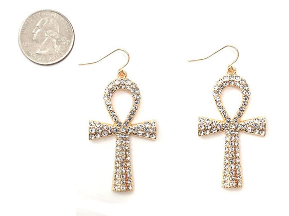 GOLD ANKH EARRINGS CLEAR STONES ( 4996 GDCRY )