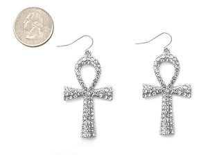 SILVER ANKH EARRINGS CLEAR STONES ( 4996 RHCRY )