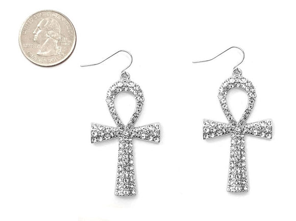 SILVER ANKH EARRINGS CLEAR STONES ( 4996 RHCRY )