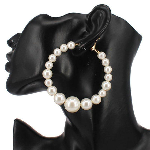70mm Cream Pearl Ball Hoop Earrings ( 3120 GDCRM ) - Ohmyjewelry.com