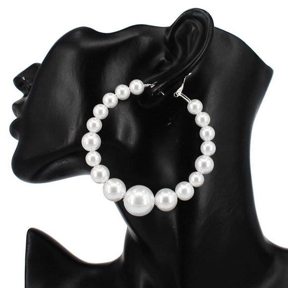 70mm White Pearl Ball Hoop Earrings ( 3120 RDWHT ) - Ohmyjewelry.com