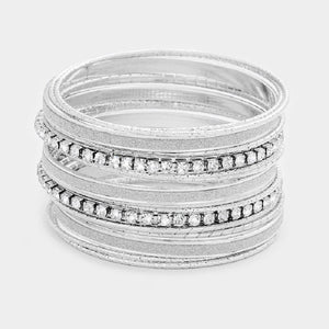 Multi Layered Silver, Sandstone, and Clear Rhinestone Bangle Set ( 8008 RDCLR )