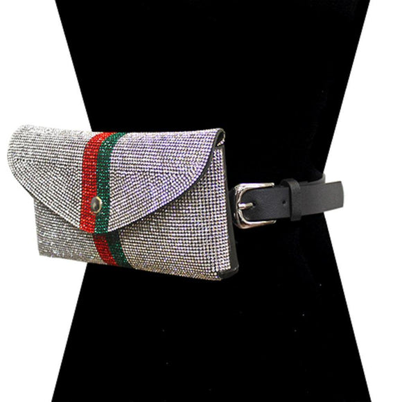 BLACK BELT BAG WITH GREEN AND RED STRIPE PAVE RHINESTONES ( 2644 MLT2 ) - Ohmyjewelry.com
