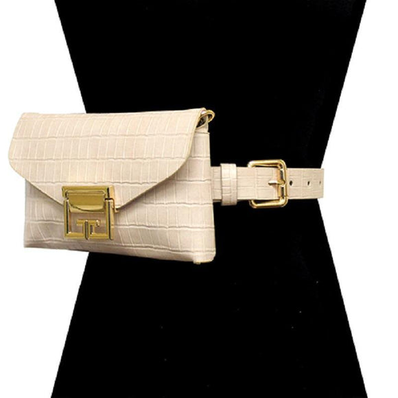 BEIGE FAUX ALLIGATOR BELT BAG WITH GOLD ACCENTS ( 2698 BE ) - Ohmyjewelry.com