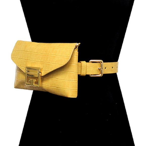 TAN FAUX ALLIGATOR BELT BAG WITH GOLD ACCENTS ( 2698 YW ) - Ohmyjewelry.com