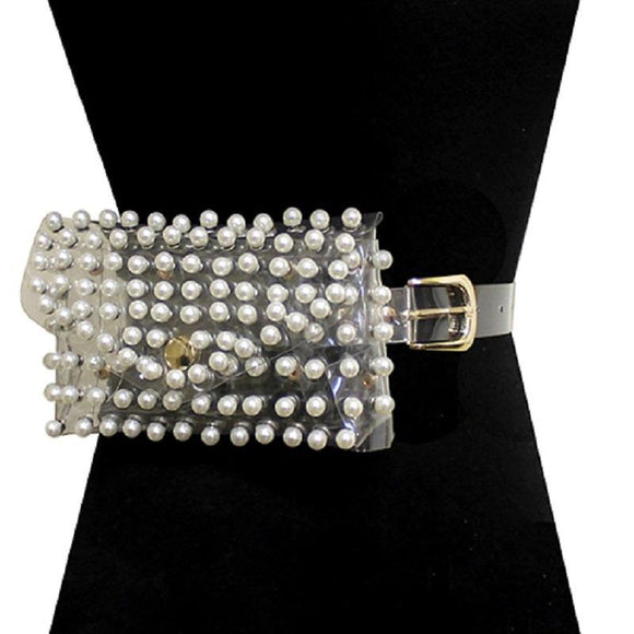 SEE THROUGH BELT BAG WITH CREAM PEARLS AND GOLD ACCENTS ( 2778 GDCRM ) - Ohmyjewelry.com