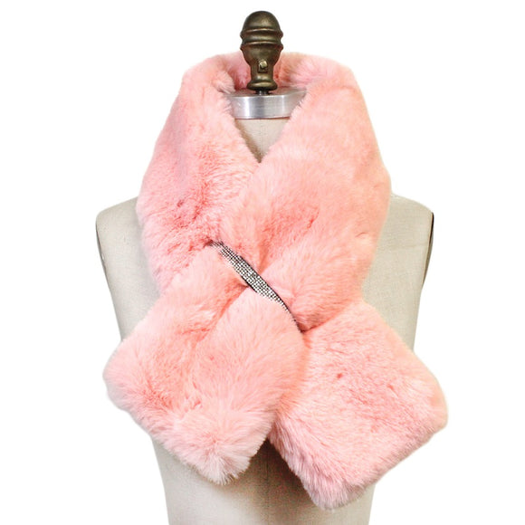 PINK FAUX FUR SCARF CLEAR STONES ( 2856 PK )