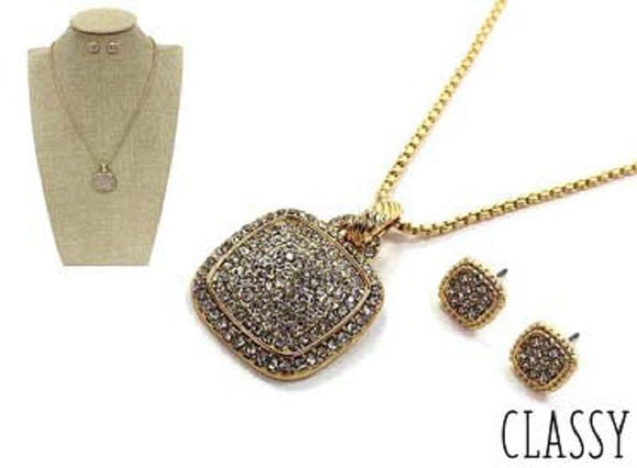 Gold Clear Square Pave Pendant with Matching Stud Earrings on Gold Chain ( 126 ) - Ohmyjewelry.com