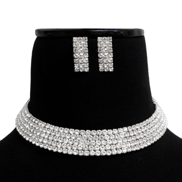 SILVER CHOKER NECKLACE SET CLEAR STONES