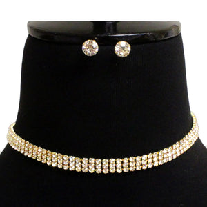 GOLD CHOKER NECKLACE SET CLEAR STONES