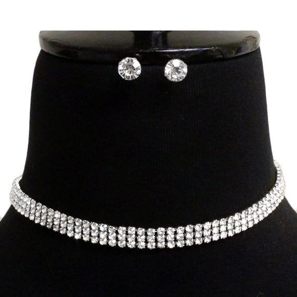 SILVER CHOKER NECKLACE SET CLEAR STONES ( 2061 12 )