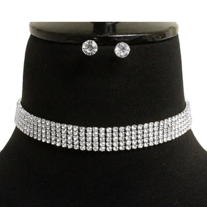 5 LINE SILVER CHOKER NECKLACE SET CLEAR STONES