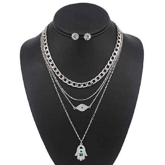 4 LAYER SILVER RHINESTONE EVIL EYE NECKLACE SET ( 5095 ) - Ohmyjewelry.com