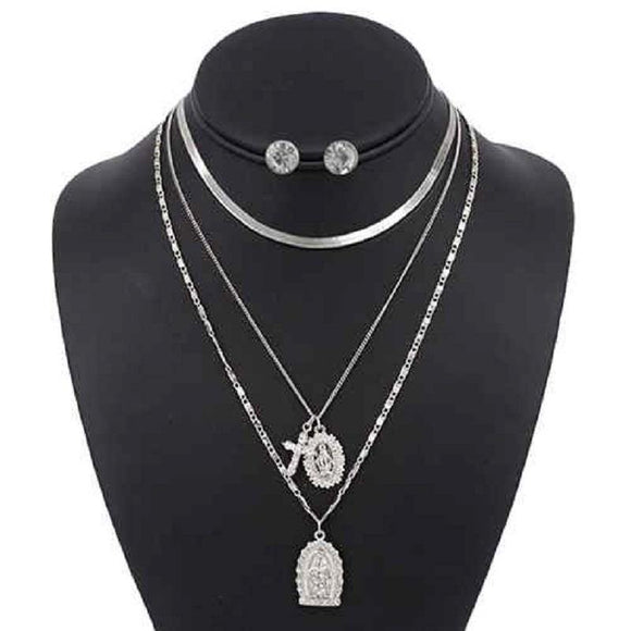 3 LAYER SILVER RELIGIOUS NECKLACE LAYERED SET ( 5098 ) - Ohmyjewelry.com