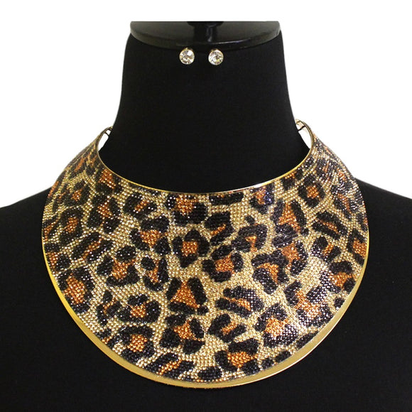 Leopard Animal Print Oversize Rhinestone Choker with Gold Accents