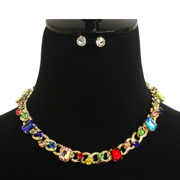 GOLD NECKLACE SET CHAIN MULTI COLOR STONES ( 7175 GDMLT ) - Ohmyjewelry.com