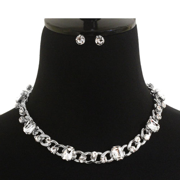 SILVER NECKLACE SET CHAIN CLEAR STONES ( 7175 ) - Ohmyjewelry.com