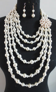 Multi Layered Cream Pearl Necklace with Gold Accent and Cream Pendant and Dangle Earrings ( 089 )