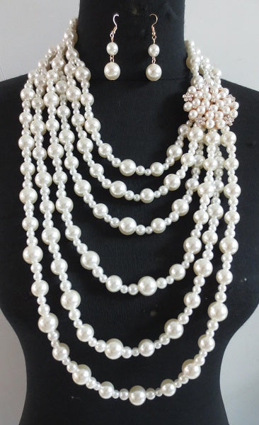 Multi Layered Cream Pearl Necklace with Gold Accent and Cream Pendant and Dangle ECRarrings ( NPY089 )