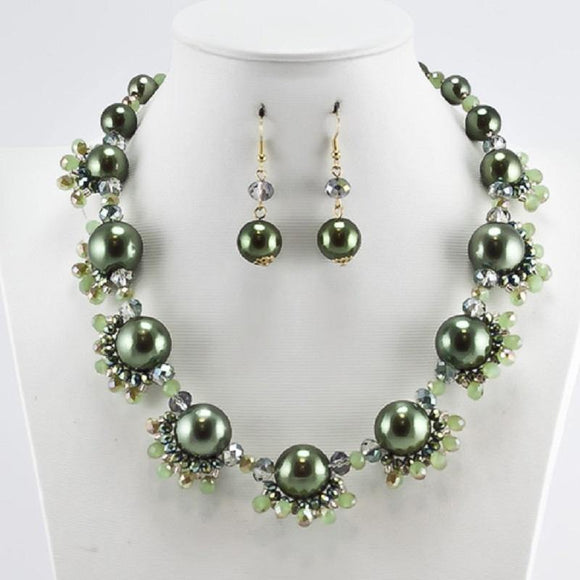 GOLD OLIVE GREEN PEARL NECKLACE SET ( 5147 OL ) - Ohmyjewelry.com