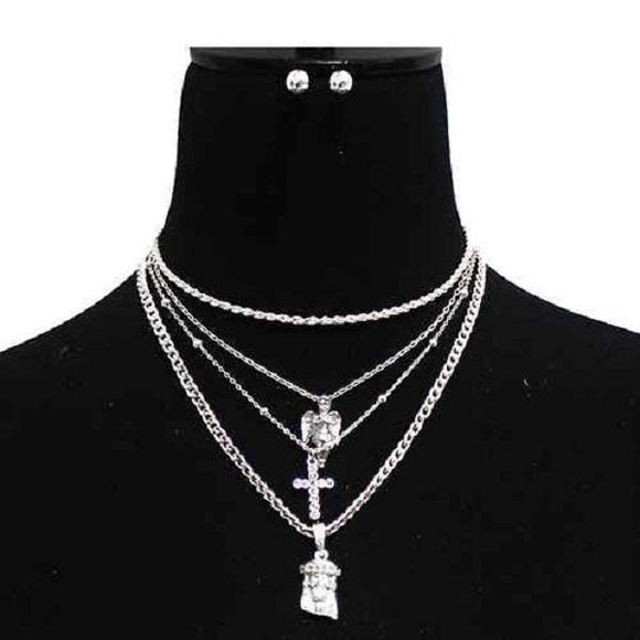 Silver 4 Layer Religious Theme Charm Necklace Set ( 3024 ) - Ohmyjewelry.com