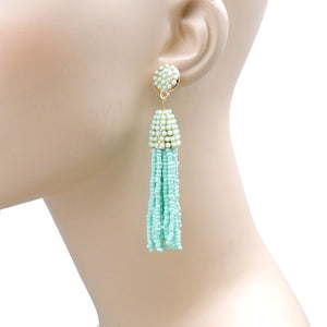 Mint Green Beaded Tassel Earrings with Gold Accents