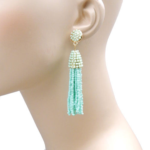 Mint Green Beaded Tassel Earrings with Gold Accents