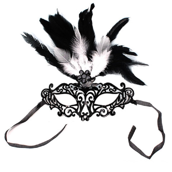 BLACK MASK WITH BLACK AND WHITE FEATHERS ( 7315 )