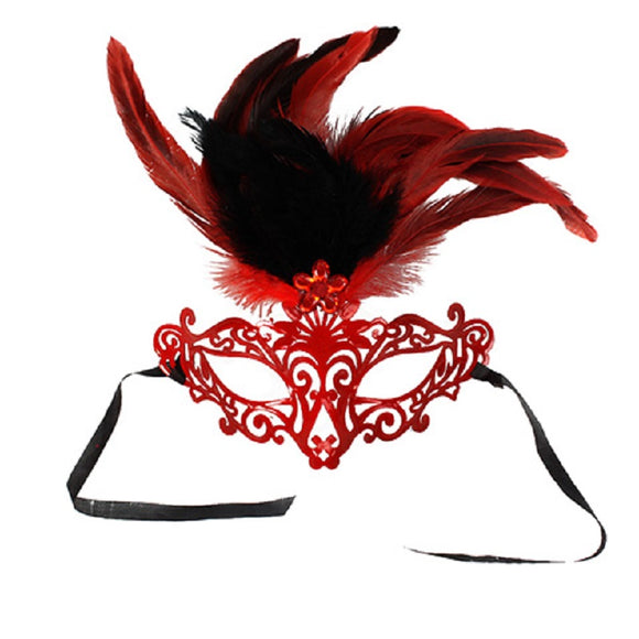 RED AND BLACK FEATHER MASK ( 7315 )