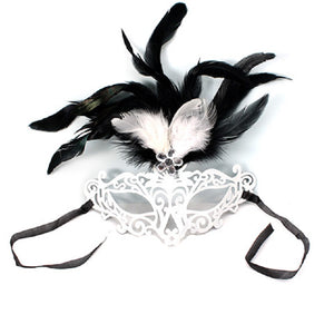 White Mask with Black and White Feathers and Clear Rhinestones (7315 )