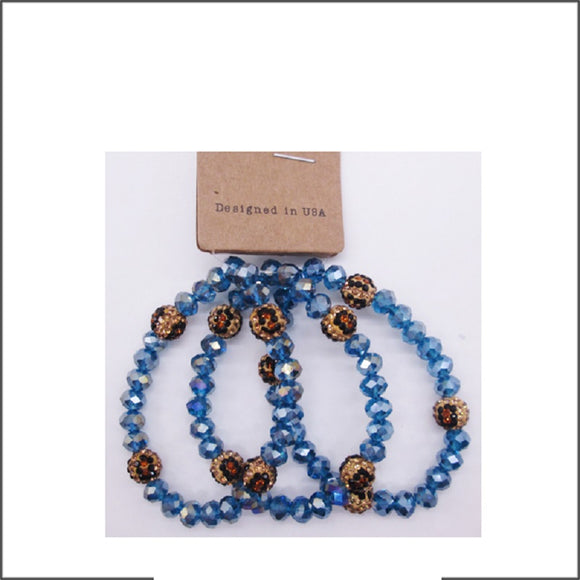 3 BLUE COLOR LEOPARD PRINT STRETCH BRACELETS SHAMBALLA BALL FACETED ( 102 15AB )
